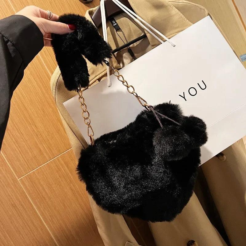 Faux Fur Heart-shaped Women Small Handbags Fluffy Plush Ladies Shoulder Bag