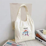 Women's Mushroom Print Canvas Tote Bag, Large Capacity Shoulder Handbag