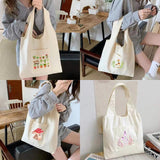 Women's Mushroom Print Canvas Tote Bag, Large Capacity Shoulder Handbag