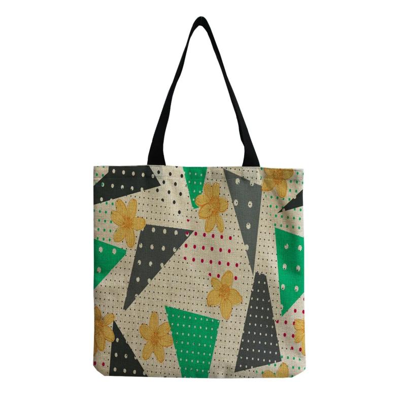 Irregular Flower Print Women Foldable Linen Shoulder Bag Eco Travel Handbag