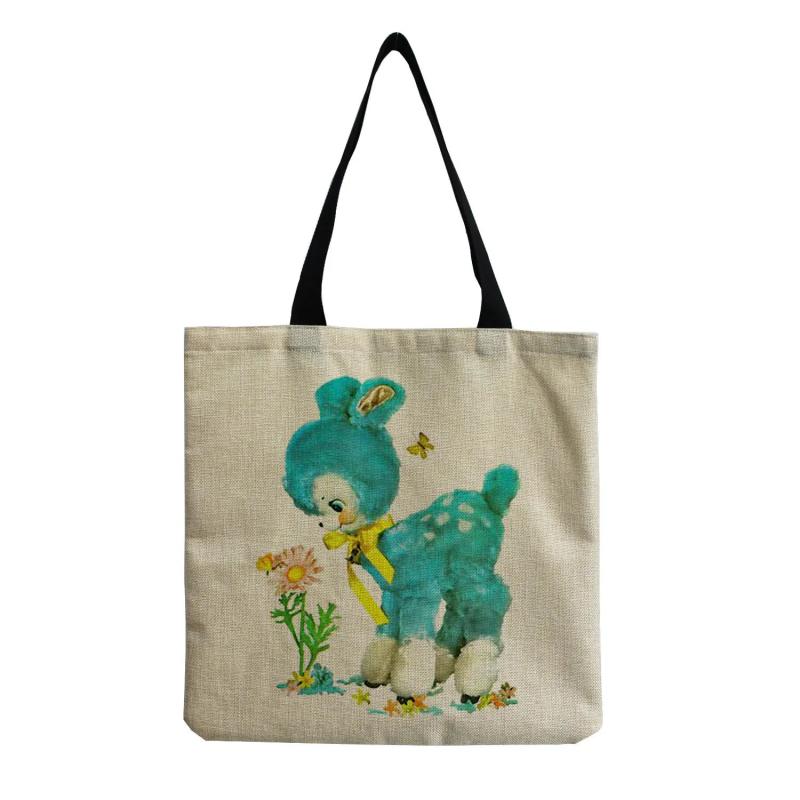 Alpaca Printed Linen Shoulder Bag Reusable Tote Shopping Bag For Women Handbags