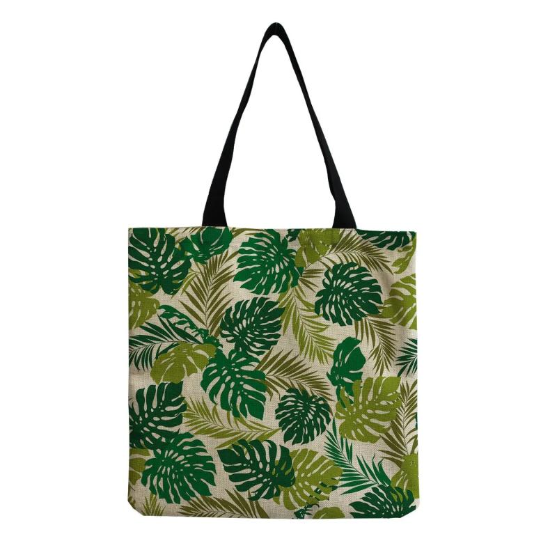 Beach Shoulder Bags Leaves Print Women Handbag Linen Totes Foldable Shopping Bag