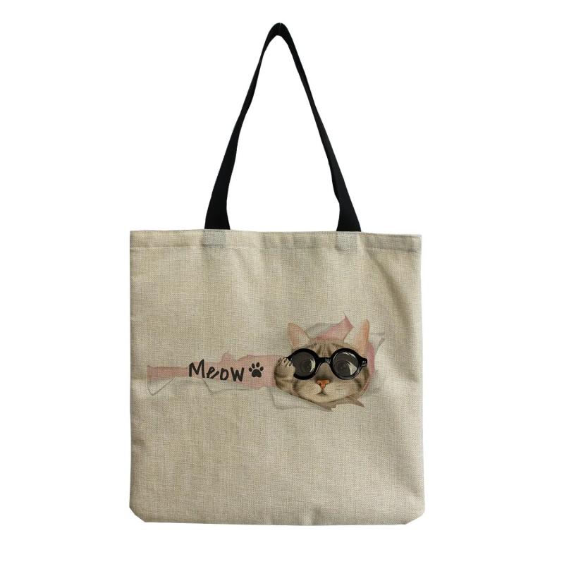 Cat Printed Foldable Girl Lady Beach Shoulder Bag Cartoon Cat Pattern Handbag