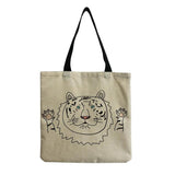 Lion Cartoon Animals Printed Beach Shoulder Bag Linen Tote Handbag
