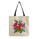 Flower Printed Beach Shoulder Bag Linen Fabric Casual Tote Shopping Bag