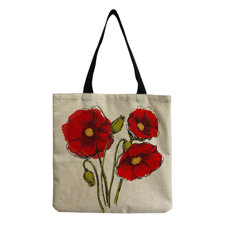 Flower Printed Beach Shoulder Bag Linen Fabric Casual Tote Shopping Bag
