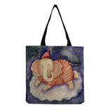 Linen Shoulder Bag Elephant Printed Casual Tote Shopping Bag