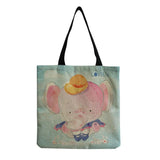 Linen Shoulder Bag Elephant Printed Casual Tote Shopping Bag
