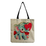 Linen Shoulder Bag Elephant Printed Casual Tote Shopping Bag