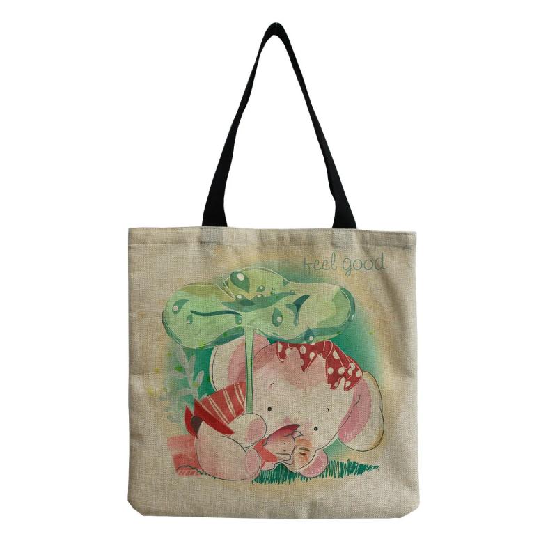 Linen Shoulder Bag Elephant Printed Casual Tote Shopping Bag