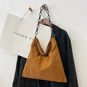 Corduroy Cloth Shoulder Bag Chain Tote Handbag Purses School Bag