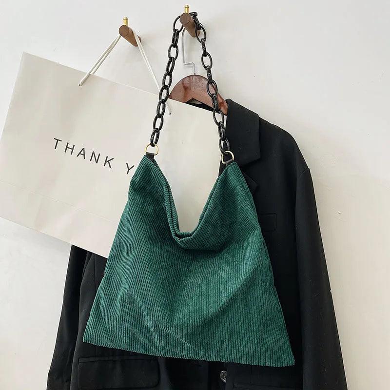 Corduroy Cloth Shoulder Bag Chain Tote Handbag Purses School Bag