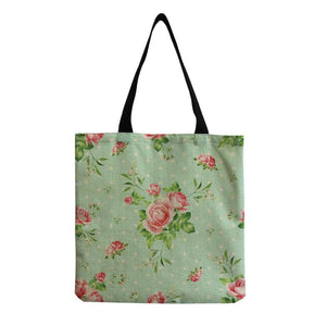 Rose Flower Beach Shoulder Bag Linen Tote Shopping Bag