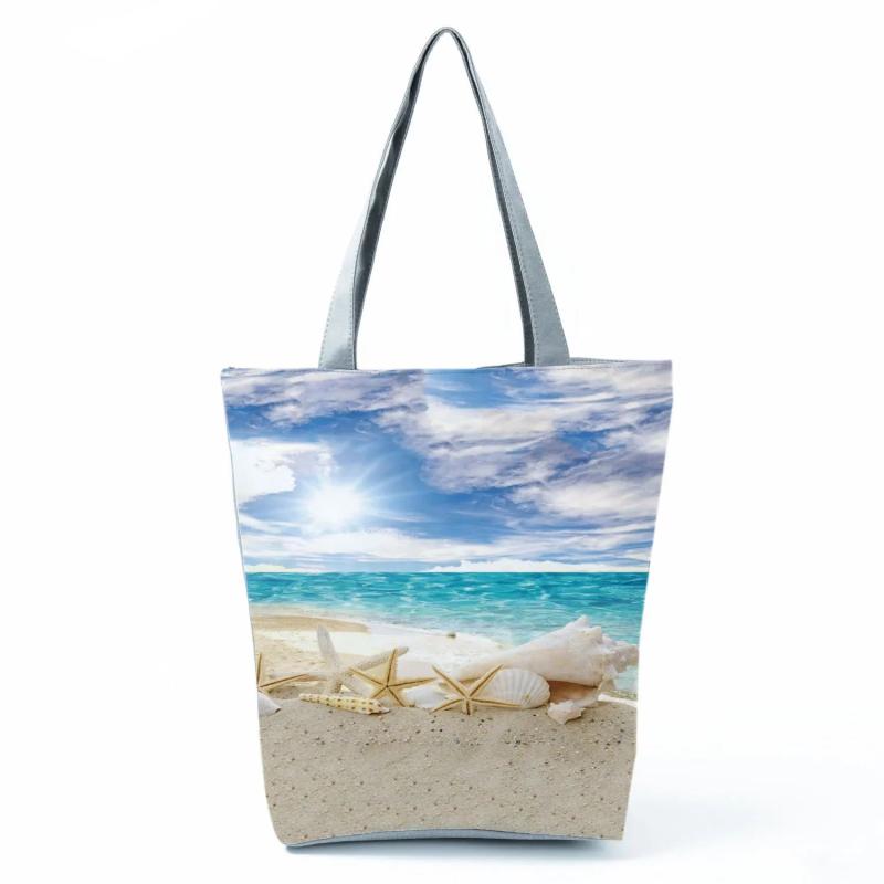 Ocean Shell Print Tote Bag Shoulder Bag Foldable Reusable Shopping Bags