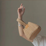 Women's Straw Woven Bag Metal Chain Shoulder Bag