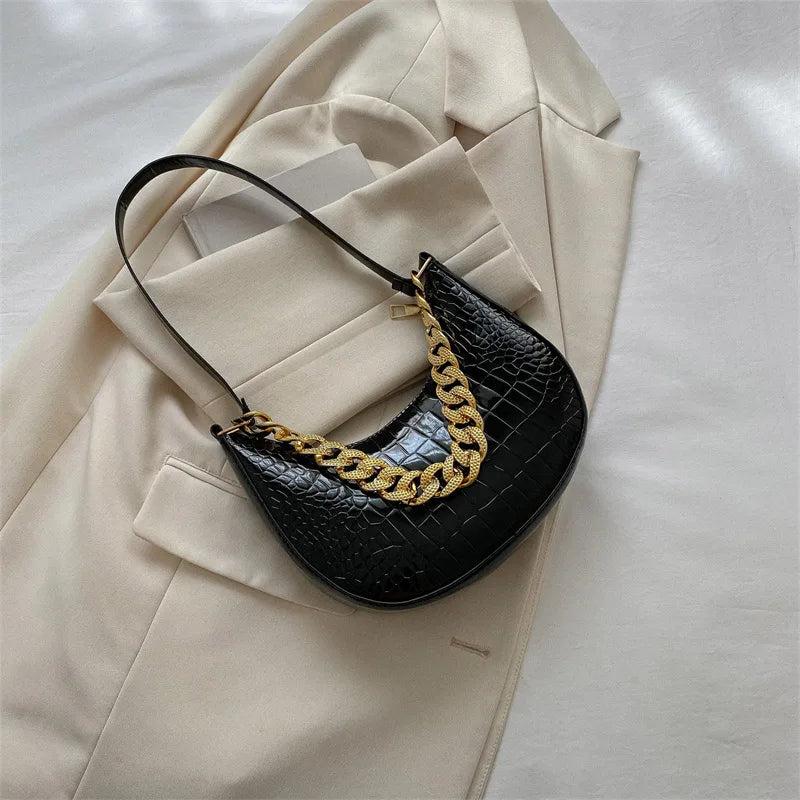 Crocodile Pattern Half Moon Chain Shoulder Bag