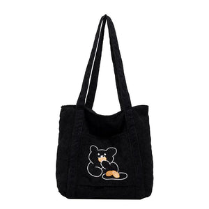 Corduroy Shopping Bag Canvas Shoulder Handbag Totes Outside Pocket