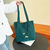 Corduroy Shopping Bag Canvas Shoulder Handbag Totes Outside Pocket