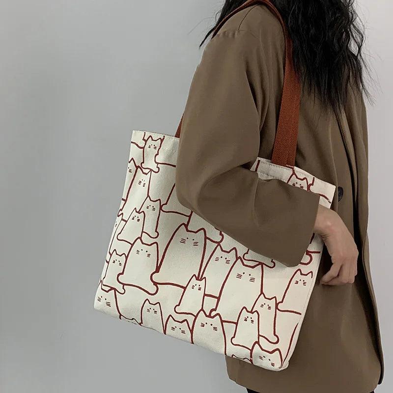 Cat Tote Bag with Zipper Japanese Style Cartoon Shoulder Bags
