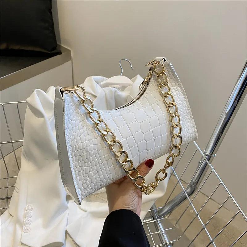 Women Crocodile Pattern Chain Handbag Solid Shoulder Bag PU Leather Tote