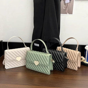 Heart Decor Textured Flap Square Bag PU Leather Shoulder Messenger Handbag