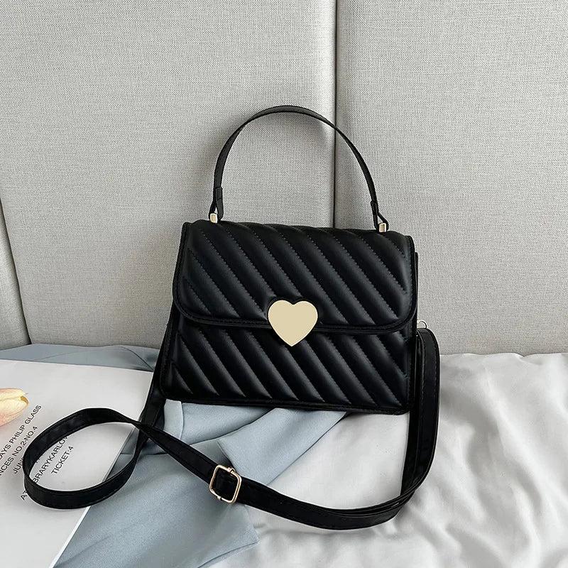 Heart Decor Textured Flap Square Bag PU Leather Shoulder Messenger Handbag