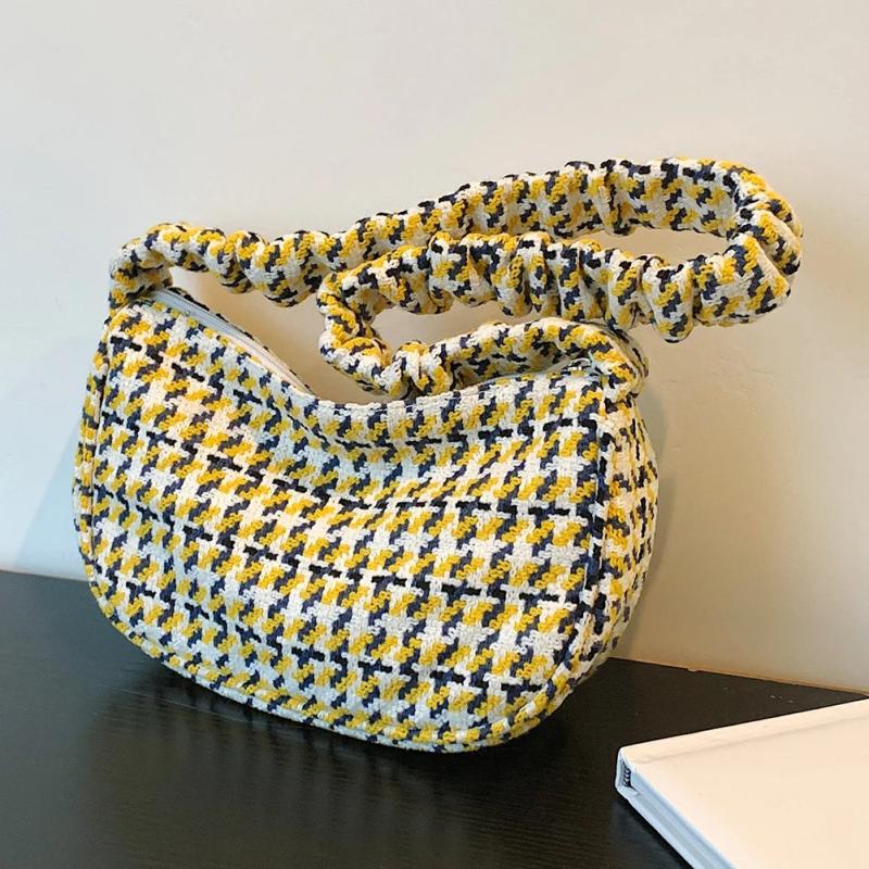 Vintage Plaid Shoulder Bag Half Moon Shaped Tote