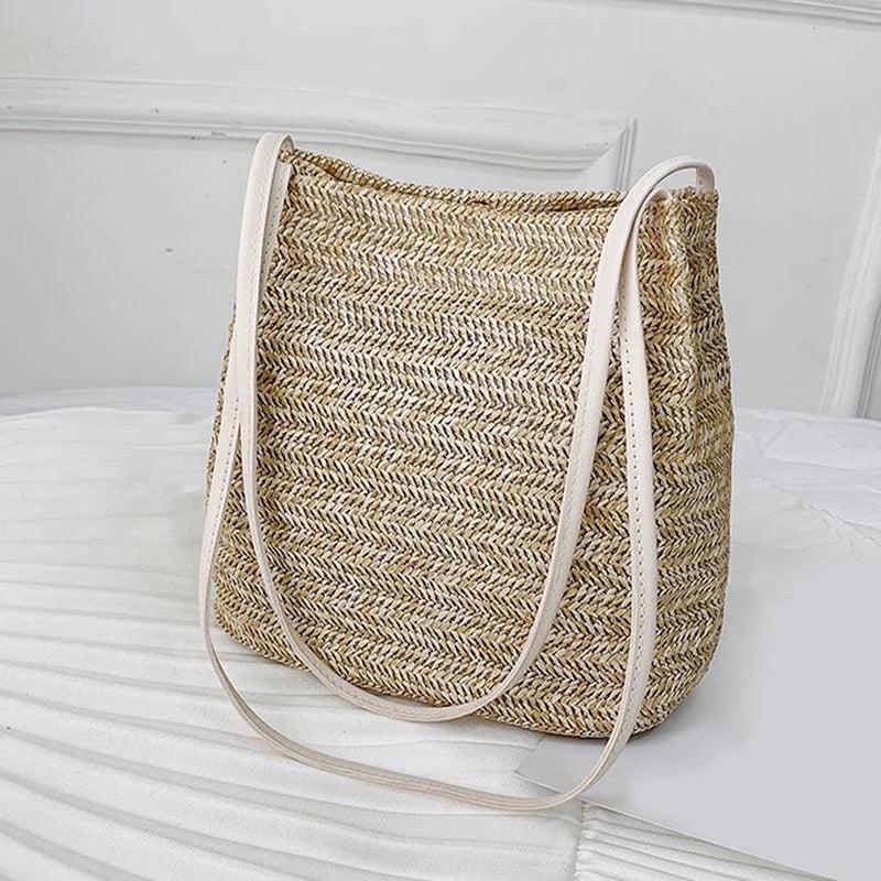 Large Basket Handbag Straw Woven Bag 100% Natural Shoulder Bags Casual Tote