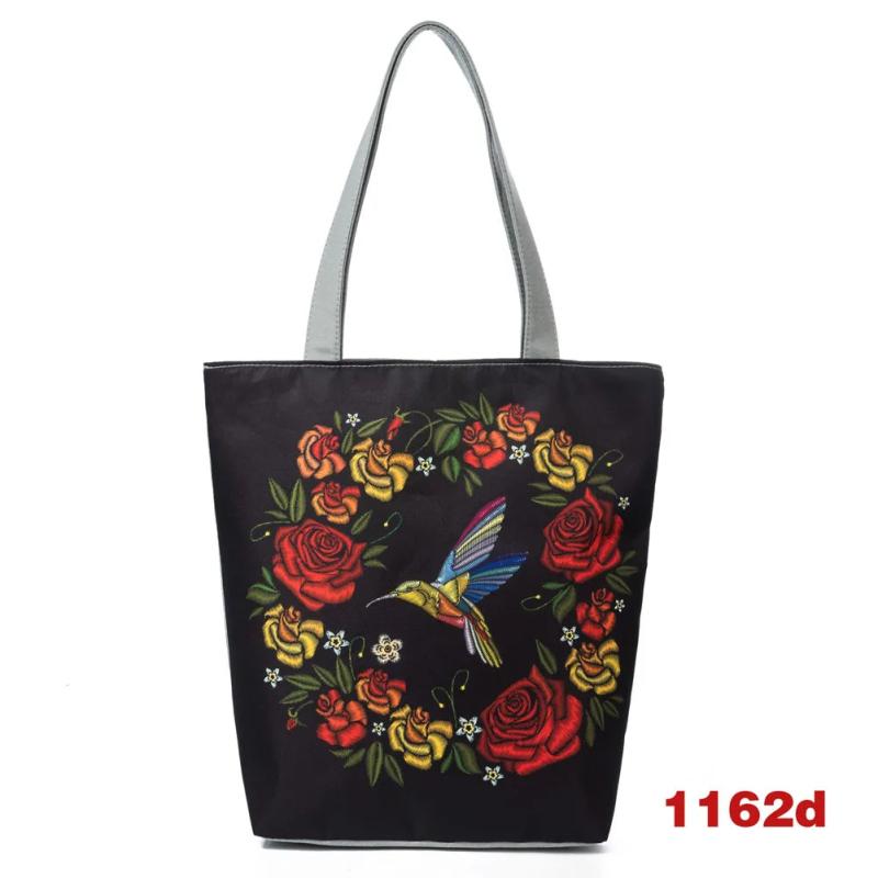 Women Canvas Shoulder Bag Flower Birds Travel Beach Crossbody Bag