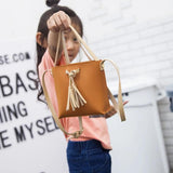 Women's Candy Shoulder Bag PU Leather Handbag Tassel Bucket Tote