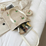 Summer Coconut Embroidery Shoulder Bag Straw Woven Women Totes Bag