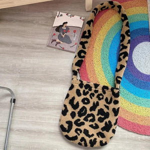 Leopard Print Crossbody Bag Plush Winter Shoulder Handbag Soft Messenger Purse