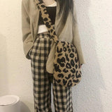 Leopard Print Crossbody Bag Plush Winter Shoulder Handbag Soft Messenger Purse