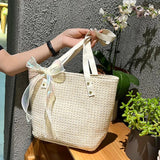 Beach Tote Bag Shoulder Bag Handbag Large Capacity Weave Lace Bow Handbag