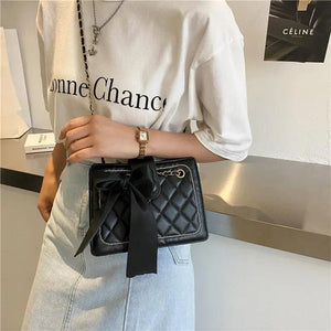 Women Bow Silk Scarf Crossbody Bags Solid Diamond Lattice Shoulder Bag
