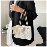 Women Bow Silk Scarf Crossbody Bags Solid Diamond Lattice Shoulder Bag