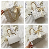 Women Bow Silk Scarf Crossbody Bags Solid Diamond Lattice Shoulder Bag