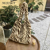 Leopard Cow Pattern Retro Handheld Shopping Bag Soft Fluffy Large Capacity