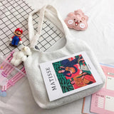 Buylor Canvas Tote Bag Lamb Plush Shoulder Bag Cartoon Bear Embroidery