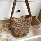 Women Straw Shoulder Bucket Bag Beach Holiday Handbag