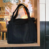 Canvas Zipper Handbag For Student School Multi-pockets Top-handle Bag