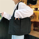 Canvas Zipper Handbag For Student School Multi-pockets Top-handle Bag
