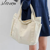 Canvas Zipper Handbag For Student School Multi-pockets Top-handle Bag