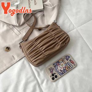 Pleated Shoulder Bag Women PU Leather Armpit Handbag Casual Lady Underarm Pouch