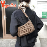 Pleated Shoulder Bag Women PU Leather Armpit Handbag Casual Lady Underarm Pouch