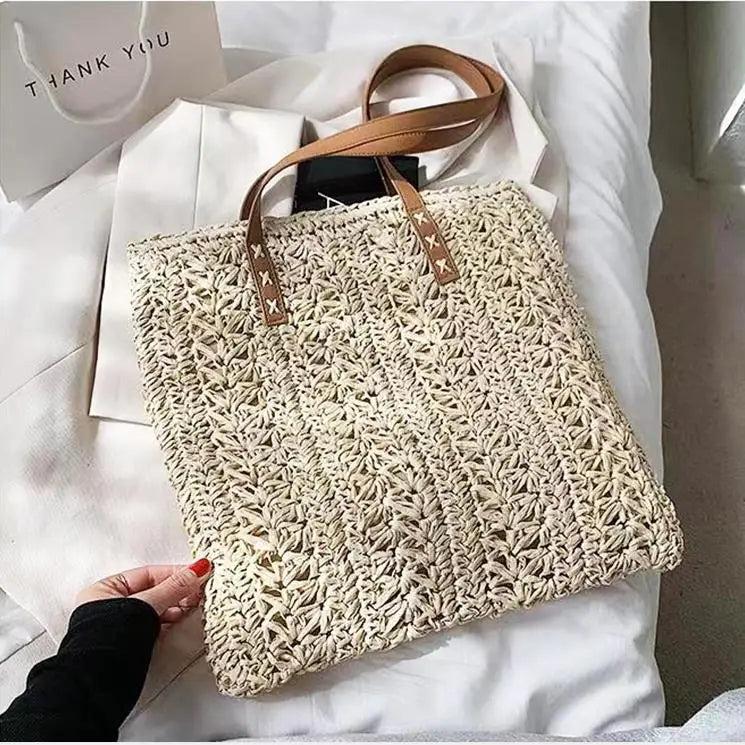Summer Vacation Casual Tote Square Hollow Straw Beach Bag Woven Shoulder Bag
