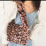 Lady Soft Leopard Totes Fluffy Plush Messenger Bag Women Book Shoulder Bags