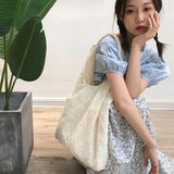 Embroidered Net Yarn Shoulder Bag Canvas Handbag Tote Large Capacity for Girls