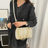 Summer Pleated Straw Crossbody Bag Beach Shoulder Chain Handbag