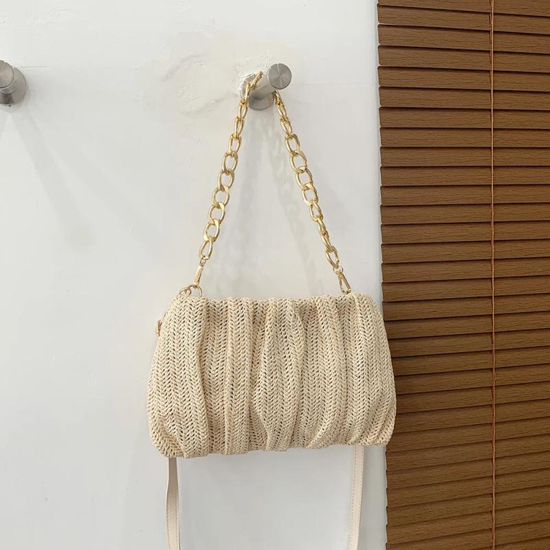Summer Pleated Straw Crossbody Bag Beach Shoulder Chain Handbag